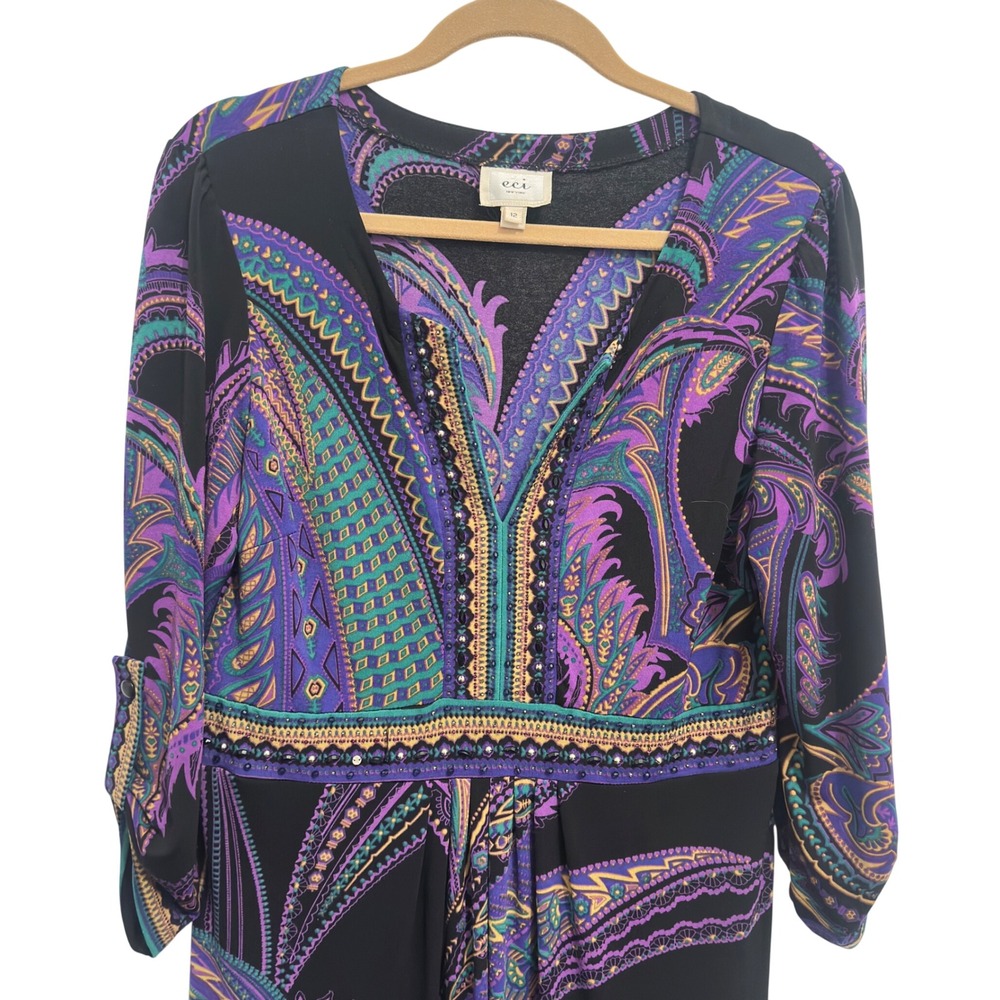 ECI New York Paisley Dress Purple Teal Beaded Empire Waist Roll Tab Sz 12 Boho - Picture 2 of 8